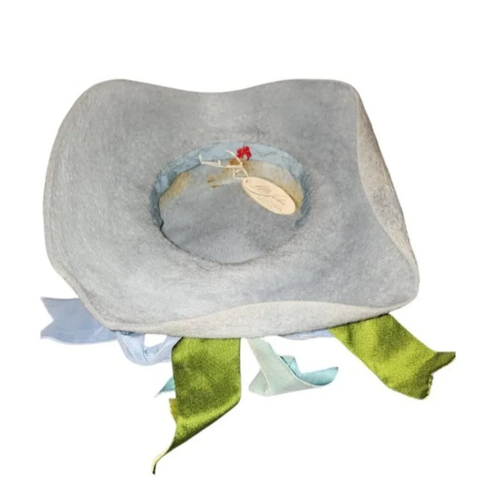 MR JOHN COUTURIER ORIGINAL Vintage Blue Wool Hat Handmade Couture Style Ribbon